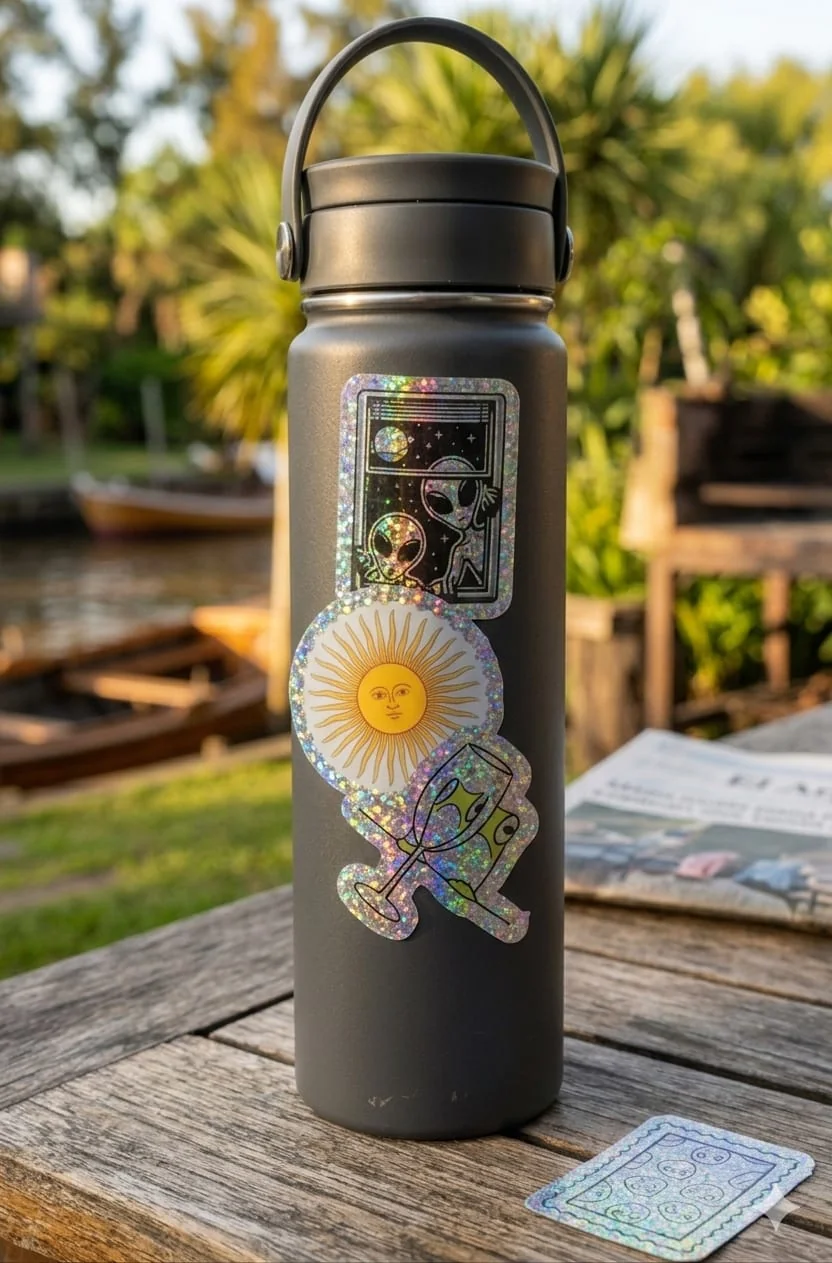 Stickers holográficos en botella